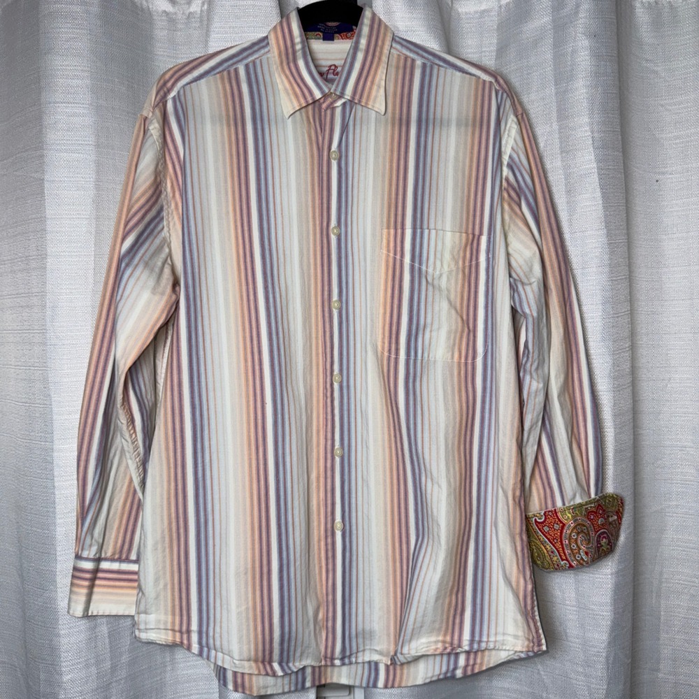 Alan Flusser Mens S Striped Button Down Shirt Cotton Paisley Cuffs Multi Color